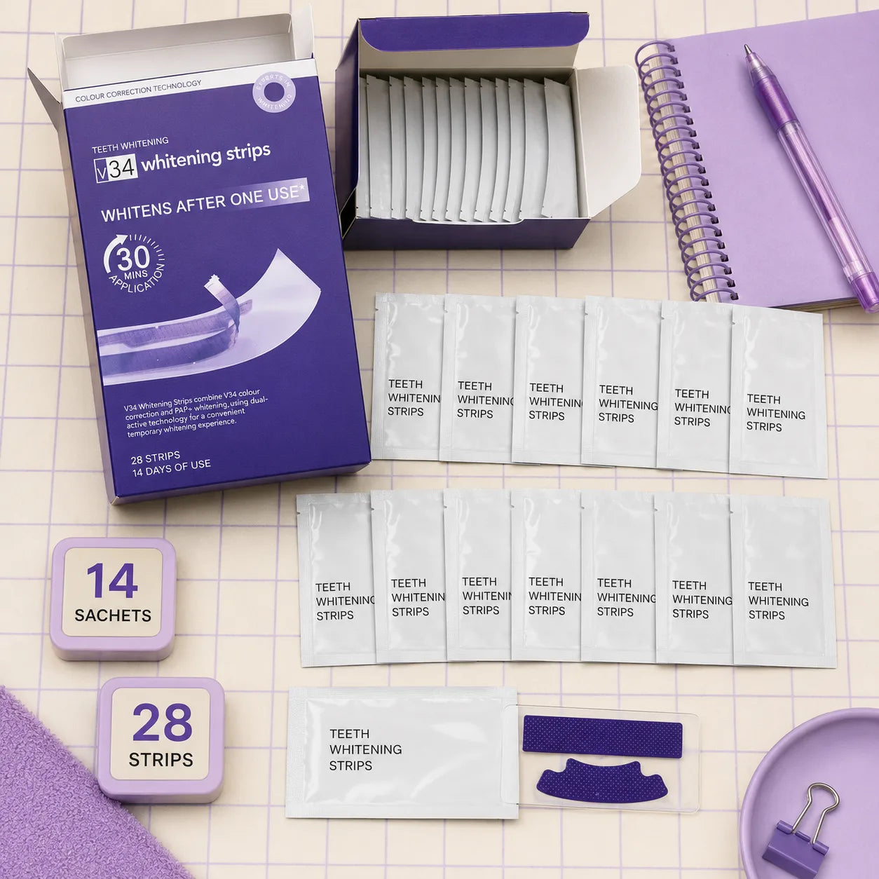 Hey Smile V34 whitening strips box contents